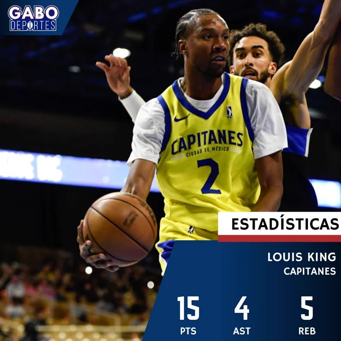 Una imagen con la foto de Louis King y destaca que tuvo 15 puntos con 4 asistencias y 5 rebotes en el triunfo de los Capitanes CDMX sobre el Magic en la temporada 2024-25 de la NBA G-League