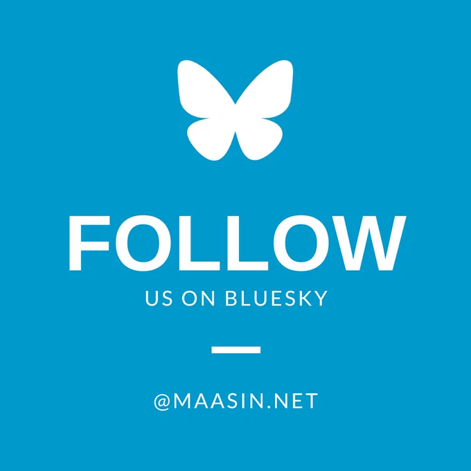 The Bluesky logo, a white butterfly, sits on a blue graphic with capitalized type reading "Follow Us On Bluesky at MAASIN dot net.