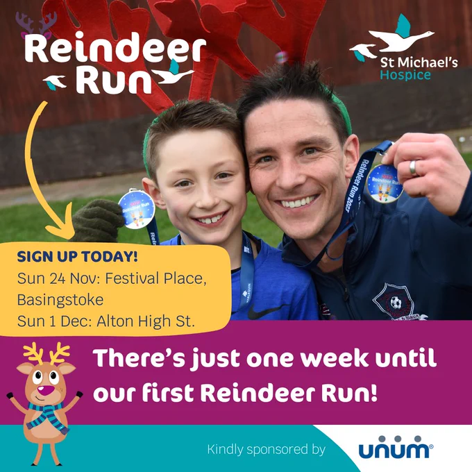 Image of a man and boy wearing reindeer antlers smiling at the camera, holding medals. Text: Sign up today! Sun 24 Nov: Basingstoke, Festival Place, Sun 1 Dec Alton High Street.

There's just one week until our first Reindeer Run