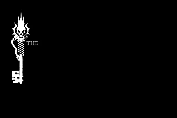 Mostly black image. A stylized key drawing with a skull in the ring is on the left, next to the word "The."