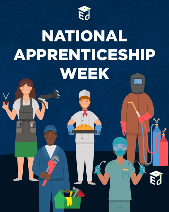 Illustration of five workers in various fields (hair stylist, baker, welder, mechanic, dental technician) with text that reads: "National Apprenticeship Week"