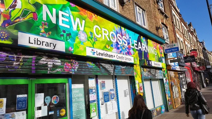 A picture of the front of New Cross Learning Library.