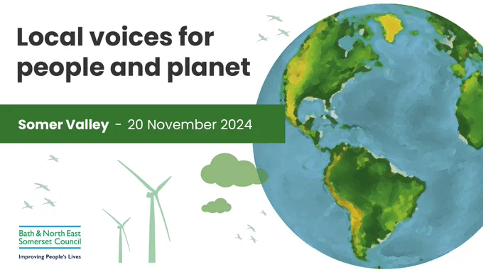 poster to advertise the event features an image of the globe with the continents in shades of green and yellow, alongside two wind turbines, rainclouds and flying birds.