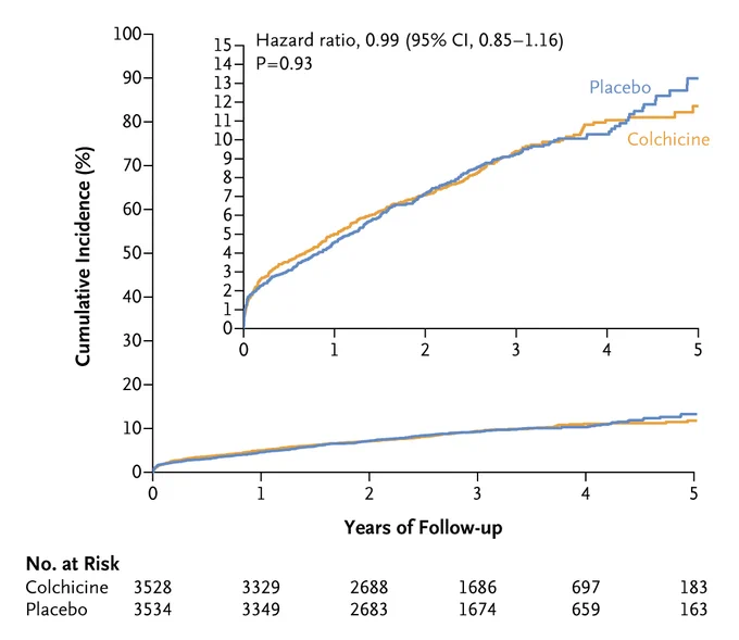 Kaplan–Meier event curves for death from cardiovascular causes, recurrent myocardial infarction, stroke, or ischemia-driven revascularization.