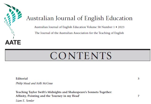 Contents page of Australian Journal of English Education listing Semler's crazy article connecting Swift's Midnights to Shakespeare's Sonnets. You've been warned.