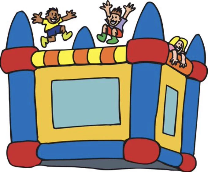 A cartoon of a colourful bouncy castle. Smiling children are jumping up & down on top of the castle.