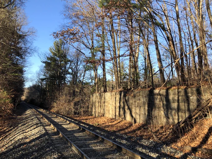 railway line stretching away next to a substantial stone-walled embankment topped with wintry trees