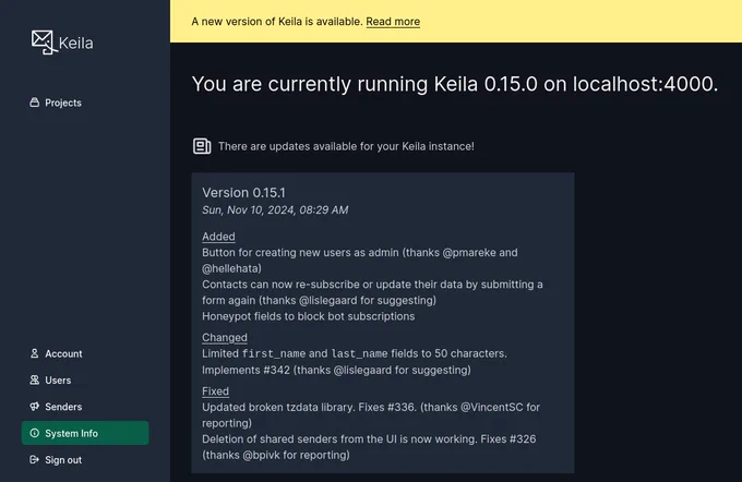 A screenshot showing the Keila user interface with a notification that says "A new version of Keila is available". It also shows the changelog of an update being displayed in the Keila interface.
