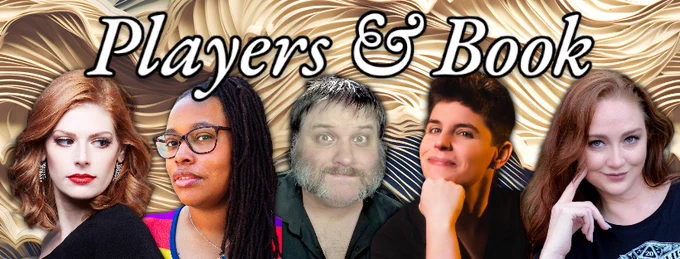 The cast of “Players and Book” in front of a background of waves made of paper.