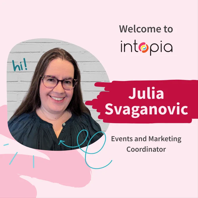  Welcome to Intopia. Julia Svaganovic. Events and Marketing Coordinator. Julia smiling against a white brick wall. 
