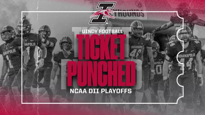 A graphic promoting UIndy football's newly-earned NCAA DII playoff berth. The words "TICKET PUNCHED" are display in the foreground, while a picture of UIndy foootball team members celebrating makes up the background.