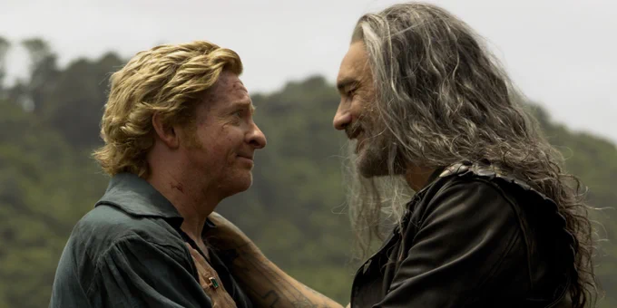 ed and stede smiling and in love after kissing 