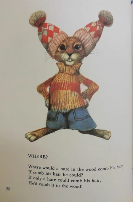 a book illustration of a hare wearing a bobble hat.