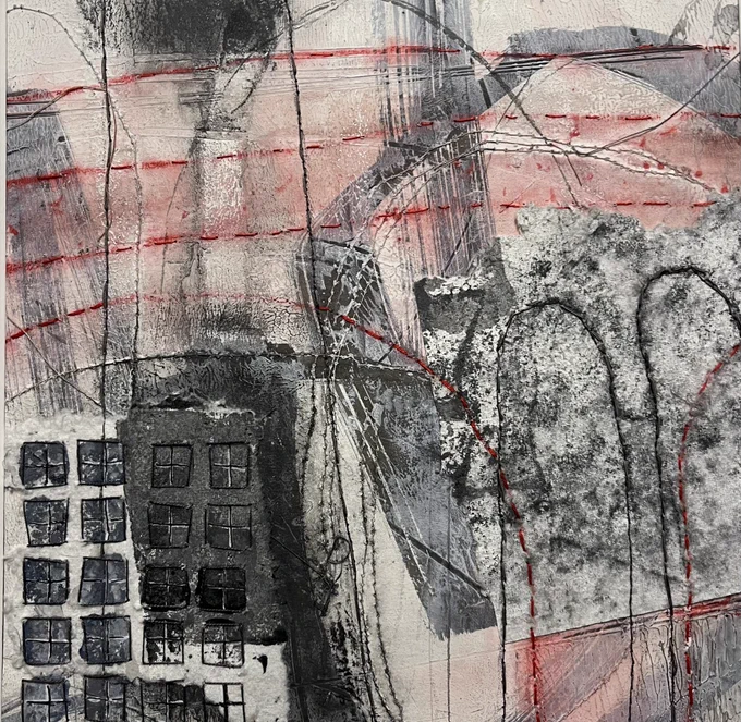 Mill Landscape I by Janice Fine of Threadmill Textile Artists. Abstract collage of a mill with 20 windows and in colours of black, grey, white and red