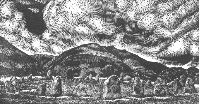 Woodcut print of Castlerigg Stone Circle. A black and white image of a stone circle with hills in the background and clouds in the sky created by etched lines