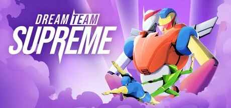 Dream Team Supreme logo, alongside a giant robot and two scientists (dressed as superheros) posing in front of it