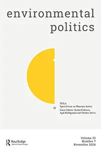 cover of issue, showing the details of the special issue on a grey back ground, with a yellow half circle. Details: Title, 'Planetary Justice'. Editors Stefan Pedersen, Dimitris Stevis & Agni Kalfagianni. Volume 33, issue 7. Published November 2024. 