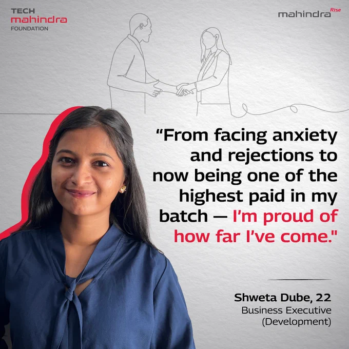 An image of a smiling girl with the text "From facing anxiety and rejections to now being one of the highest paid in my batch - i'm proud of how far i've come."