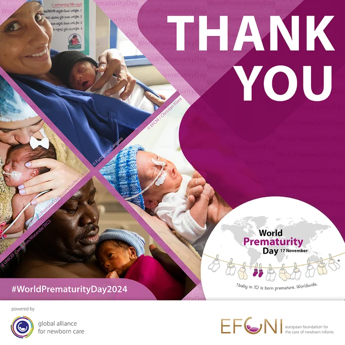 A collage of photos showing two mothers and a father practising Kangaroo Care with their preterm baby, alongside a picture of a preterm baby alone. On the right is the text 'THANK YOU'. On the bottom right is the WPD logo with an image of 1 preterm baby sock amongst 9 normal size baby socks. On the bottom left is the hashtag #WorldPrematurityDay2024. The image is framed in EFCNI purple with the EFCNI and GLANCE logos at the bottom.