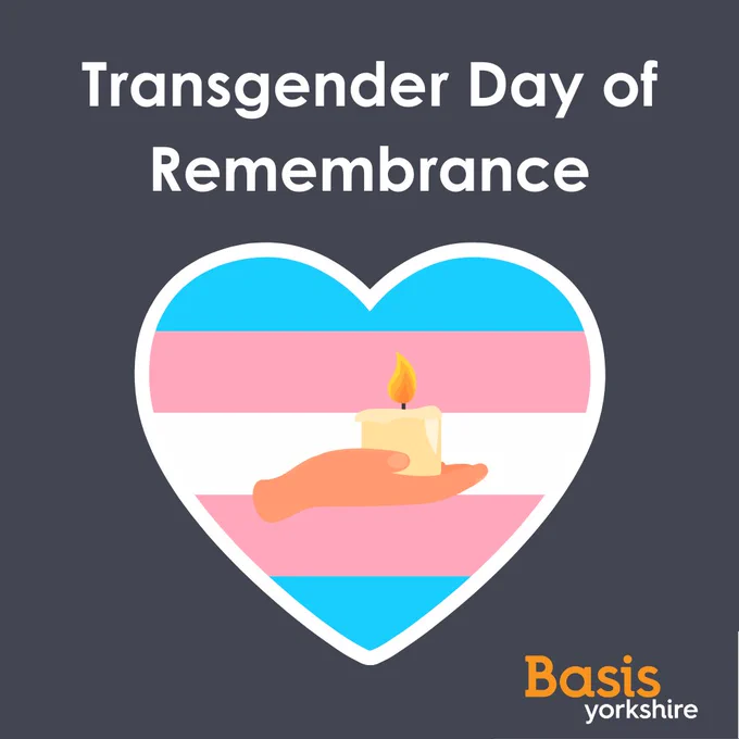 Graphic of transgender flag in a heart with a hand holding a candle. Text above says "Transgender Day of Remembrance" 