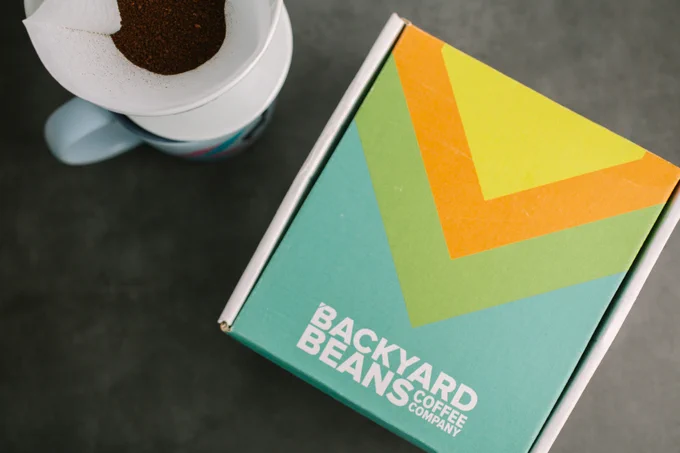 Image of a decorated hostess gift box with coffee in it.