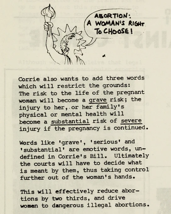 A sketch of the Statue of Liberty saying “Abortion: A woman’s right to choose!”. Followed by three paragraphs outlining the changes in the language of the law proposed by the Corrie Bill.