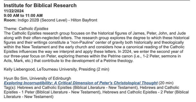 Hyun Bo Sim paper title: Exploring Incorruptibility: A Critical Dimension of Peter's Christological thought