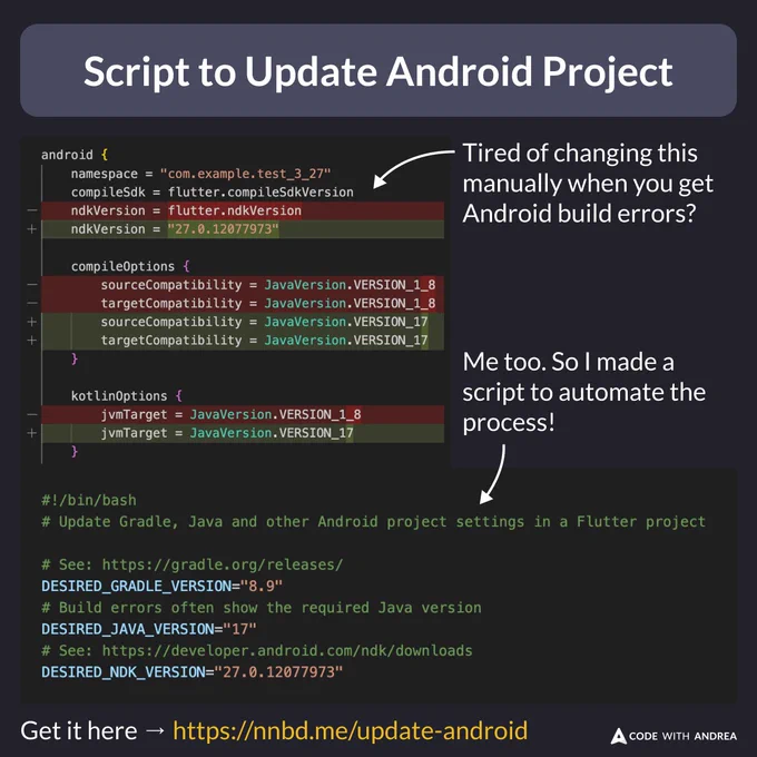 Tired of doing this manually?

  android {
    namespace = "com.example.test_3_27"
    compileSdk = flutter.compileSdkVersion
-   ndkVersion = flutter.ndkVersion
    ndkVersion = "27.0.12077973"

    compileOptions {
-       sourceCompatibility = JavaVersion.VERSION_1_8
        sourceCompatibility = JavaVersion.VERSION_17
-       targetCompatibility = JavaVersion.VERSION_1_8
        targetCompatibility = JavaVersion.VERSION_17
    }

    kotlinOptions {
-       jvmTarget = JavaVersion.VERSION_1_8
        jvmTarget = JavaVersion.VERSION_17
    }
    ...
}

# Script to update Gradle, Java and other Android project settings in a Flutter project

# See: https://gradle.org/releases/
DESIRED_GRADLE_VERSION="8.9"
# Build errors often show the required Java version
DESIRED_JAVA_VERSION="17"
# See: https://developer.android.com/ndk/downloads
DESIRED_NDK_VERSION="27.0.12077973"
