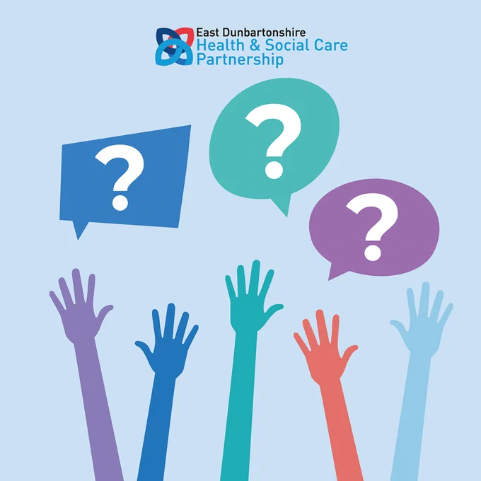 question marks in speech bubbles above raised hands