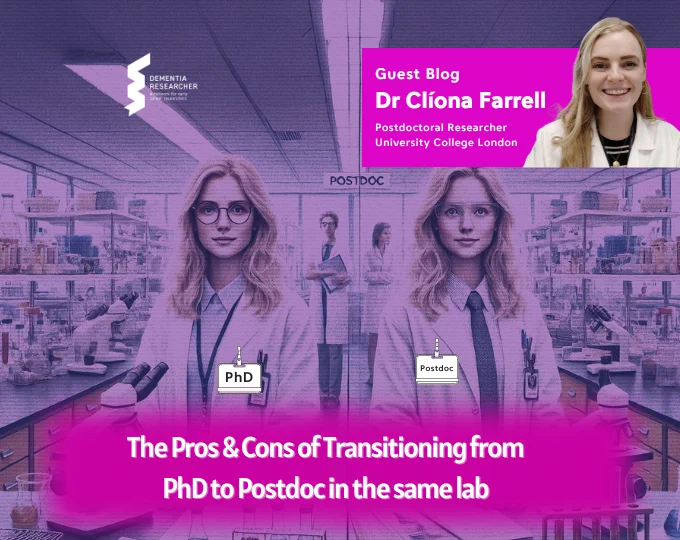Image promoting a guest blog by Dr Clíona Farrell, Postdoctoral Researcher at University College London. The background shows a laboratory with a split image of Dr Farrell, depicting her as both a PhD student and a postdoc. On the left, she's labelled 'PhD' with a focused expression, while on the right, she's labelled 'Postdoc,' looking more confident. The title at the bottom reads, 'The Pros & Cons of Transitioning from PhD to Postdoc in the same lab,' with the Dementia Researcher logo in the upper left corner.