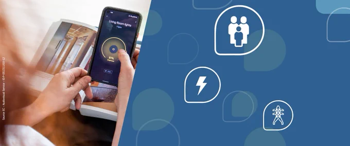 Visual identity of the Smart Readiness Indicator initiative. Photo on the left of a person using a smartphone for the living room lights, as example. 