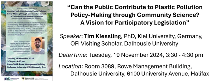 Poster image and announcement about an Information Science Public Lecture on plastic pollution, community science, participatory policy-making