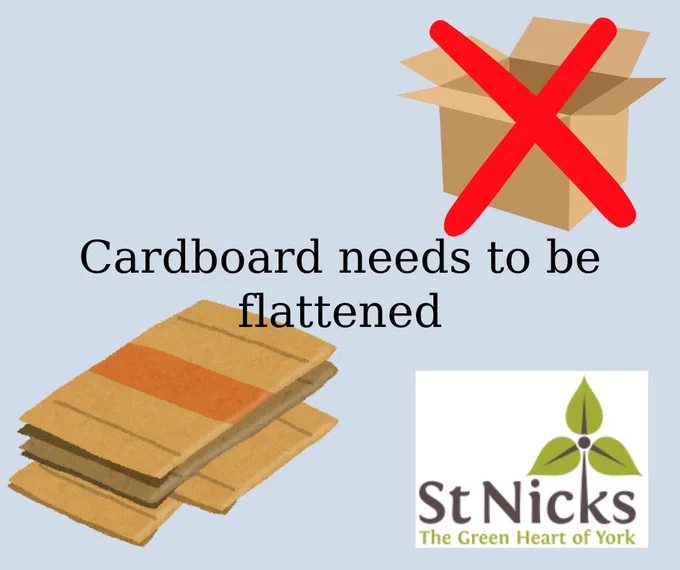Infographic with blue background showing a red x through an unflattened box and a stack of cardboard that is flattened