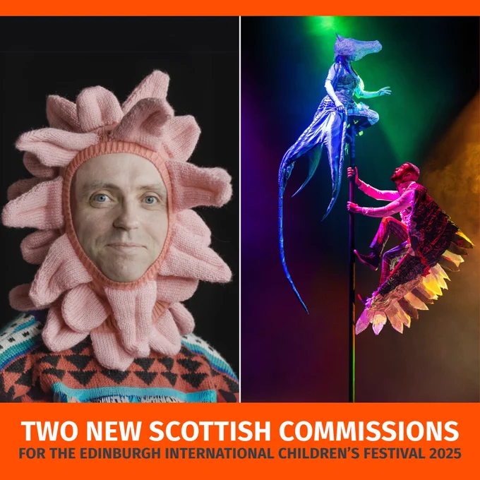 [ID] Production shot of Greg Sinclair from Tongue Twister on the left. Production shot on the right of Vee Smith and Sadiq Ali from The Unlikely Friendship of Feather Boy and Tentacle Girl