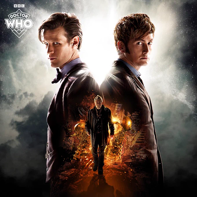 Matt Smith, David Tennant and John Hurt as the Doctor in 'The Day of the Doctor', written by Steven Moffat.