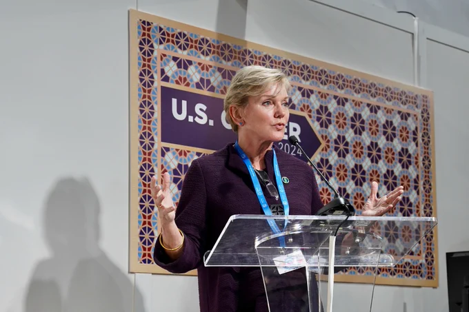 Secretary Jennifer Granholm, U.S. Department of Energy, speaking at the "Going All In & All Out" COP29 event hosted at the U.S. Center.