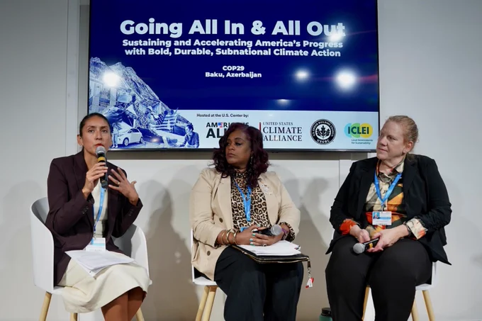 Yana Garcia (California Secretary for Environmental Protection at CalEPA), Mayor Melisa Logan (City of Blytheville, Arkansas), and Helen Walter-Terrinoni (Director of Global Climate Policy at Trane Technologies) having a dynamic discussion at the "Going All In & All Out" COP29 event hosted at the U.S. Center.