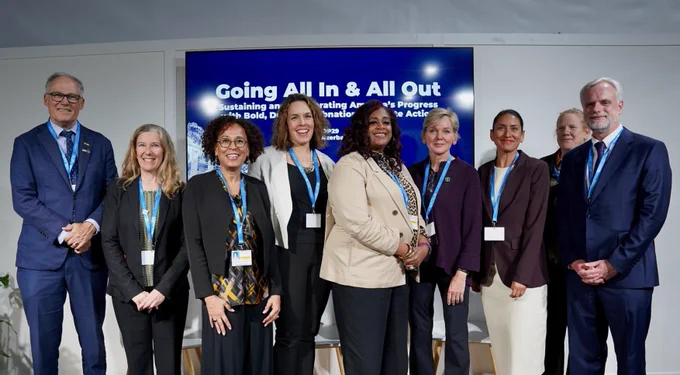 A group photo of top local, state, federal, business, and civil society leaders together at COP29 concluding a dynamic discussion hosted at the U.S. Center.