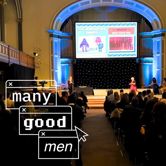 An old Edinburgh hall, with a screen proclaiming Many Good Men award winners.
