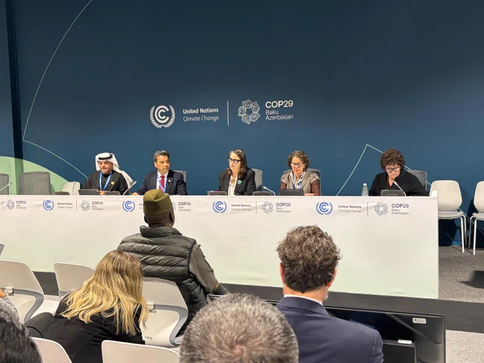 People listening to a panel discussion at COP29.