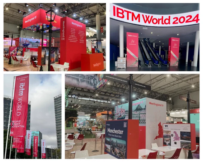 a collage of four images. From Left to right
Image of the MeetEngland Stand at IBTM World 2024, Image of the entrance of IBTM World 2024, Image of the walkway up to IBTM World 2024, Image of the MeetEngland Stand at IBTM World 2024.