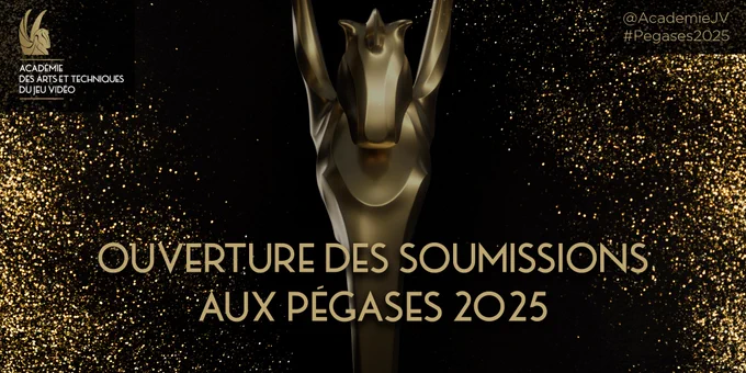 Fond noir à paillettes dorées, un trophée Pégase au milieu avec le texte suivant : Ouverture des soumissions aux Pégases 2025