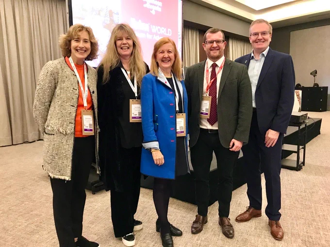 Image of representative at IBTM World 2024 left to right: Suzanne Singleton and Tracy Halliwell from London Convention Bureau, VisitEngland Chairman Victoria Borwick, Paul Black, and Neil Brownlee from VisitScotland Business Events