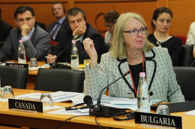 Throughout her Senate career, Senator Cordy served as chair of the Canadian NATO Parliamentary Association and international vice president of the NATO Parliamentary Assembly representing North America. She’s pictured here addressing a committee during a NATO Parliamentary Assembly in Albania in 2016. (Photo credit: Office of Senator Jane Cordy)