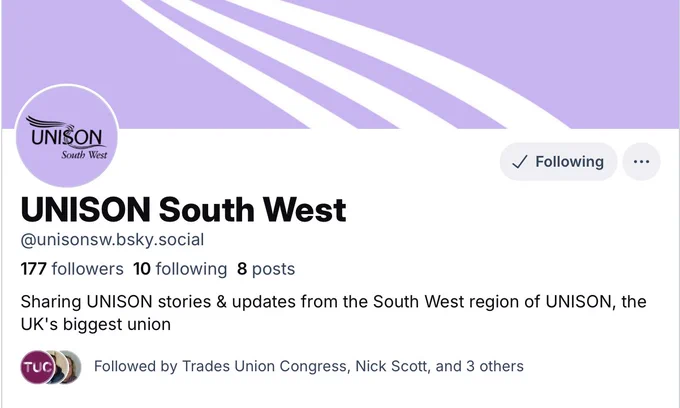 Screenshot of UNISON South West on Bluesky.