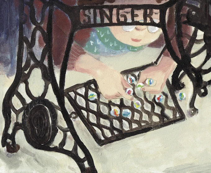 An illustration from Seasons Before the War. A painting of a young girl with curly brown hair and glasses down on the floor laying glass marbles in gaps of the cast-iron foot pedal of an old-fashions singer sewing machine