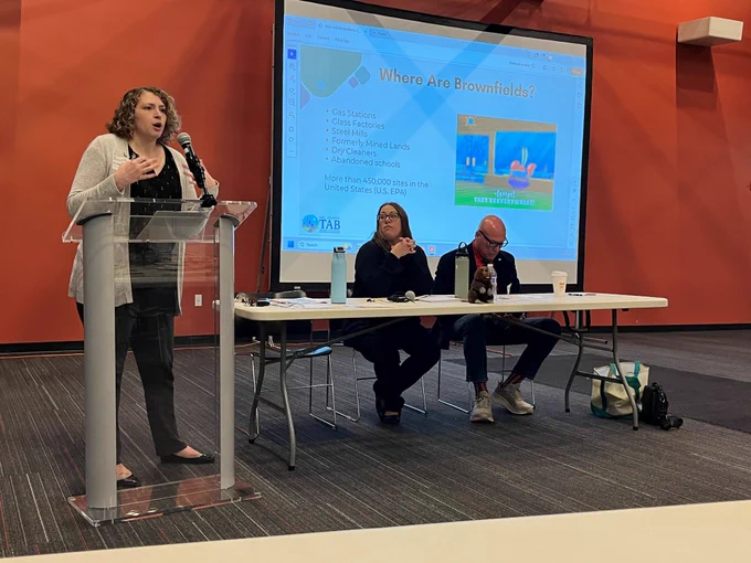 Dawn Farver speaking on a panel with Becca Phillips with TAB and Pat Ford City Manager for City of Bridgeport, WV.