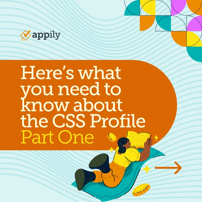 Promotional graphic from Appily featuring an illustration of a person reading a book about the CSS Profile. The text 'Here’s what you need to know about the CSS Profile Part One' is prominently displayed.