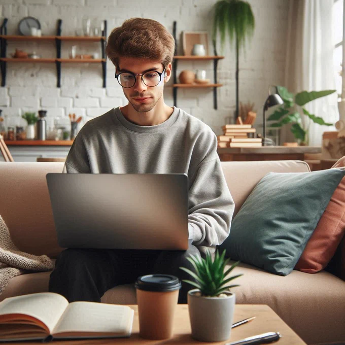 Student working on laptop at home