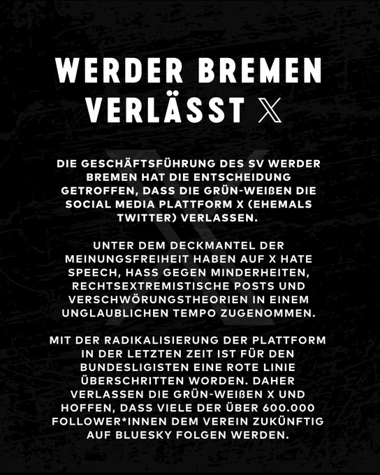 Werder Bremen verlässt X und erklärt die Entscheidung. 